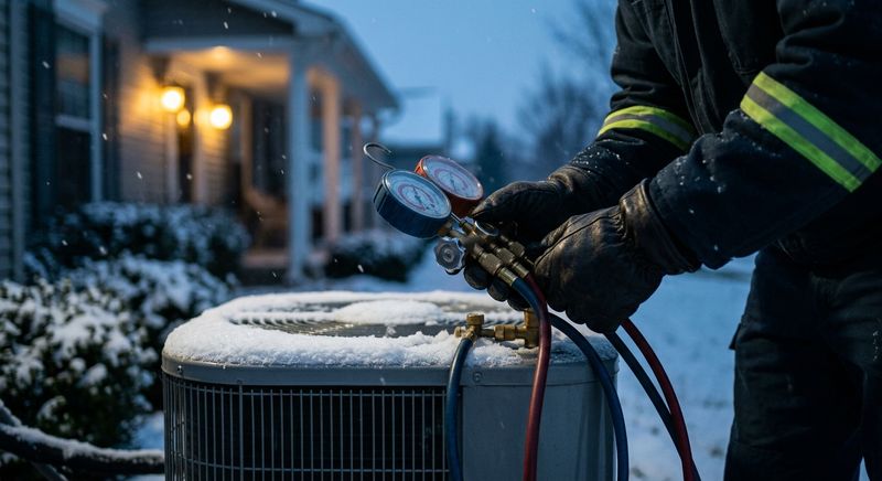 Gloved hands checking refrigerant gauges on a snow-dusted heat pump at dusk