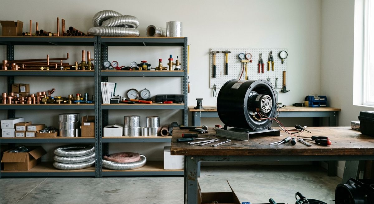 Tidy HVAC workshop with copper fittings on shelves and a blower motor on the bench