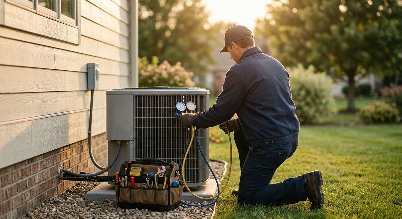 Technician kneeling beside a residential air conditioner at golden hour, gauges connected